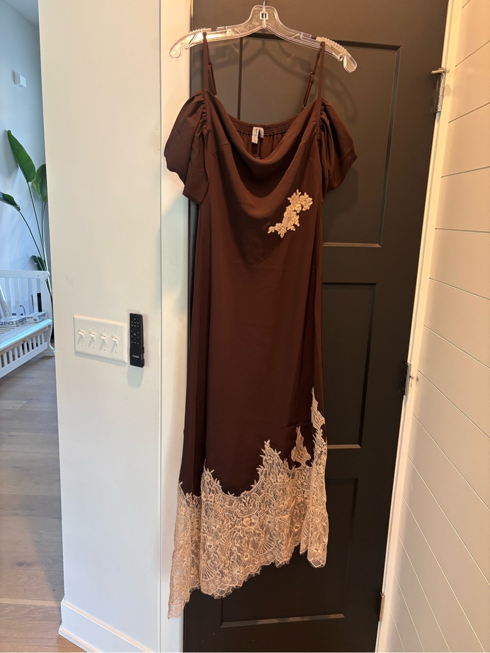 Anthropologie Bl-nk Satin Off-Shoulder Lace Midi Dress Small Reg Chocolate Brown - Picture 6 of 13